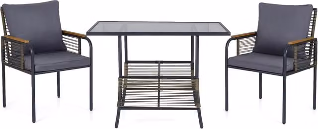 Set bistro vimini 3 pezzi rattan tavolo rettangolare sedie, Set pranzo esterni salvaspazio cuscini patio balcone veranda Grigio