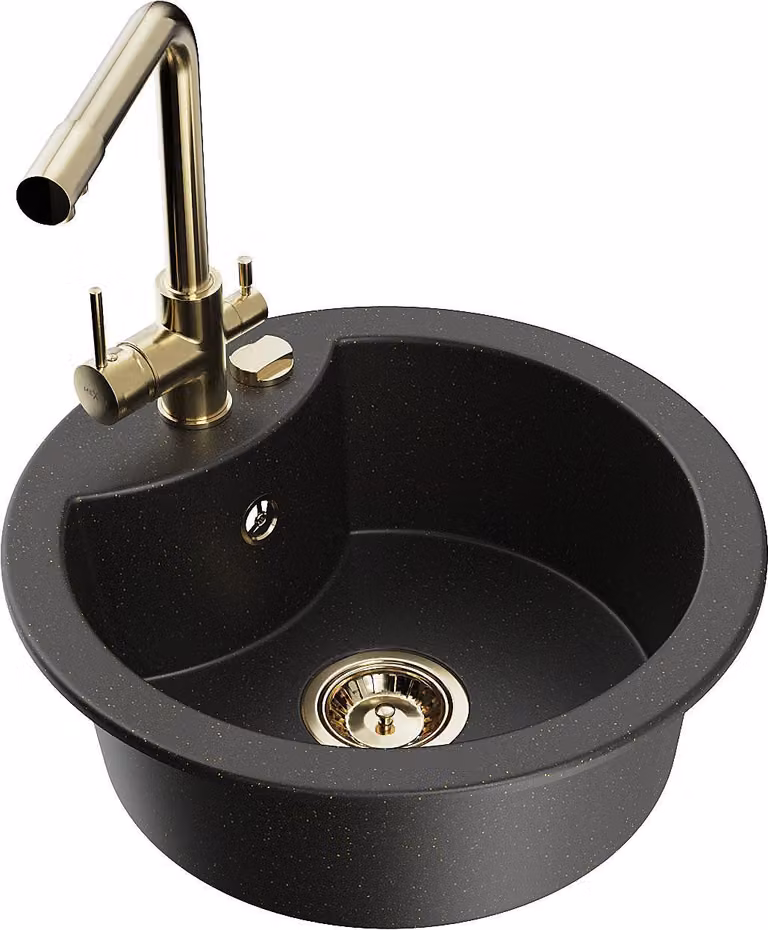 Mexen Diego lavello in granito a una vasca con rubinetto da cucina Duero, nero/oro metallico - 6512-75-671600-50