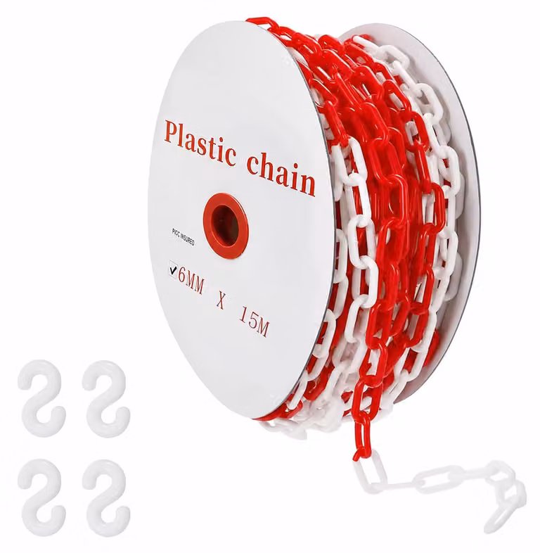 Catena di delimitazione rosso e bianco, in plastica, 6 mm x 15 m, con 4 ganci a forma di S
