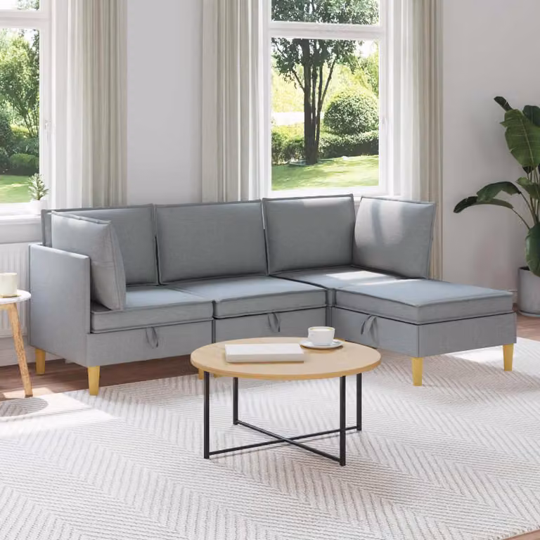 Set di divani modulari vidaXL a L in tessuto grigio con spazio di archiviazione, 4 pezzi