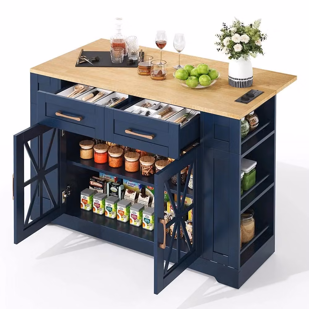 Xylo Tavola pieghevole portatile da cucina blu con ripiani aperti e prese AC/USB L: 120 cm, P: 65 cm, H: 92 cm – 2