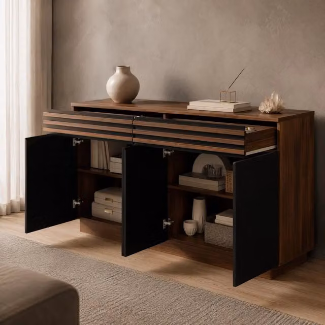 Sideboard moderno 150 x 40 x 85 cm in MDF con finitura effetto legno marrone e ante nere, 2 cassetti e 4 ante