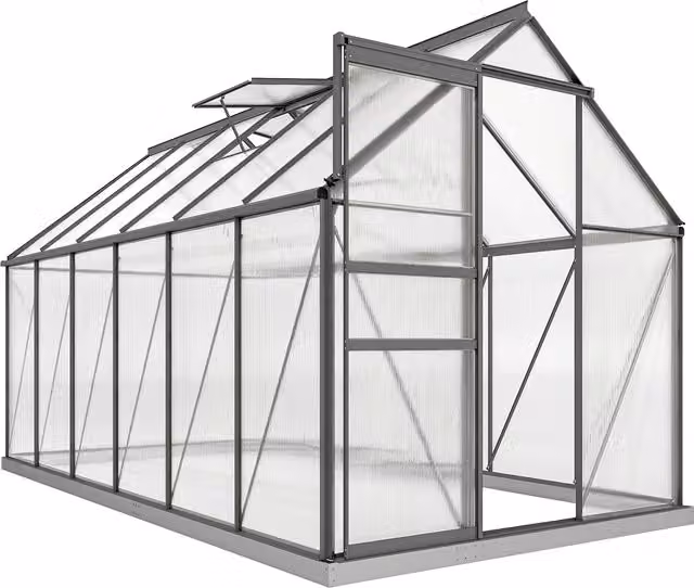 Serra da giardino Outsunny in policarbonato trasparente con telaio in lega di alluminio grigio, superficie di 7.1 m2, dotata di grondaie, finestre apribili regolabili e porta scorrevole – 1