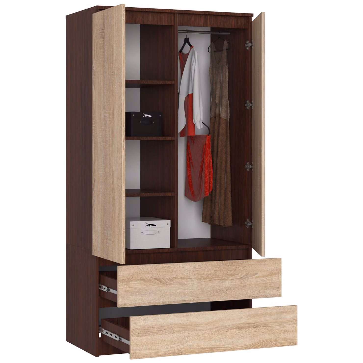 Armadio S90 da 90 cm, guardaroba a 2 ante e 2 cassetti, altezza 180 cm, CLP