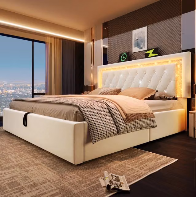 Letto imbottito 180x200 cm con contenitore; LED e USB-C in velluto beige