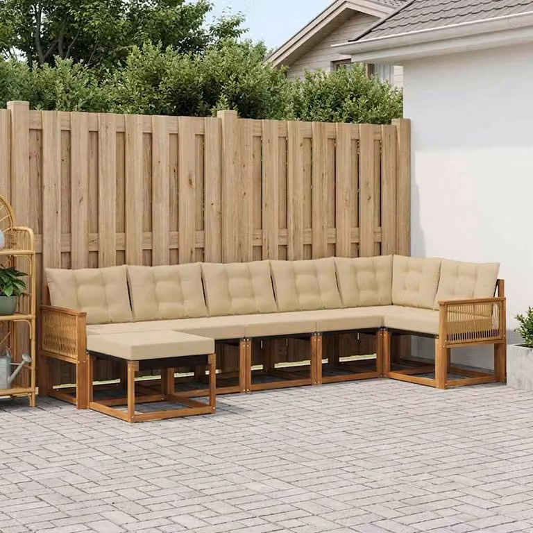 vidaXL Set di divani da esterno a L composto da 7 pezzi in legno di acacia e tessuto beige e marrone