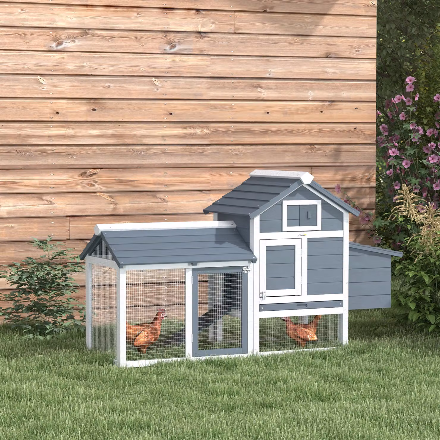 Pollaio prefabbricato PawHut per galline da esterno con casetta e recinzione, Grigio e Bianco, L: 151.5 cm, P: 54 cm, H: 87 cm – 2