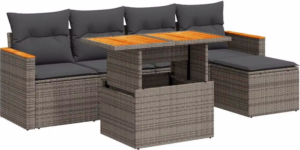 Set Divano da Giardino 6pz con Cuscini Grigio Polyrattan Acacia