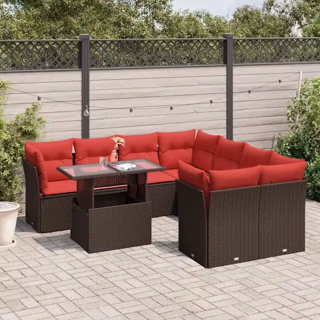 Set Divani da Giardino 9 pz con Cuscini Marrone in Polyrattan 3266434