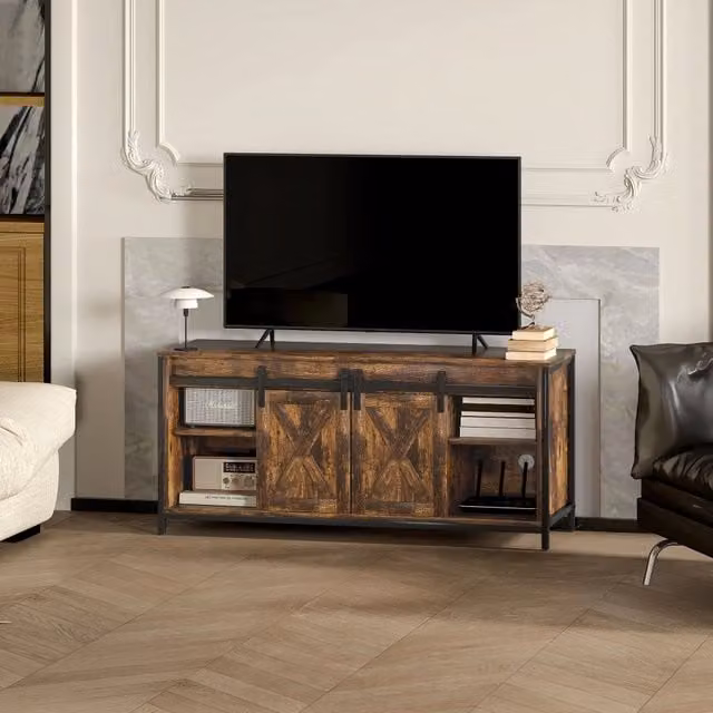 Mobile TV industriale WISHDOR in legno e metallo marrone e nero con 2 ante scorrevoli e 6 vani, L/P/H: 120 x 40 x 54 cm – 1