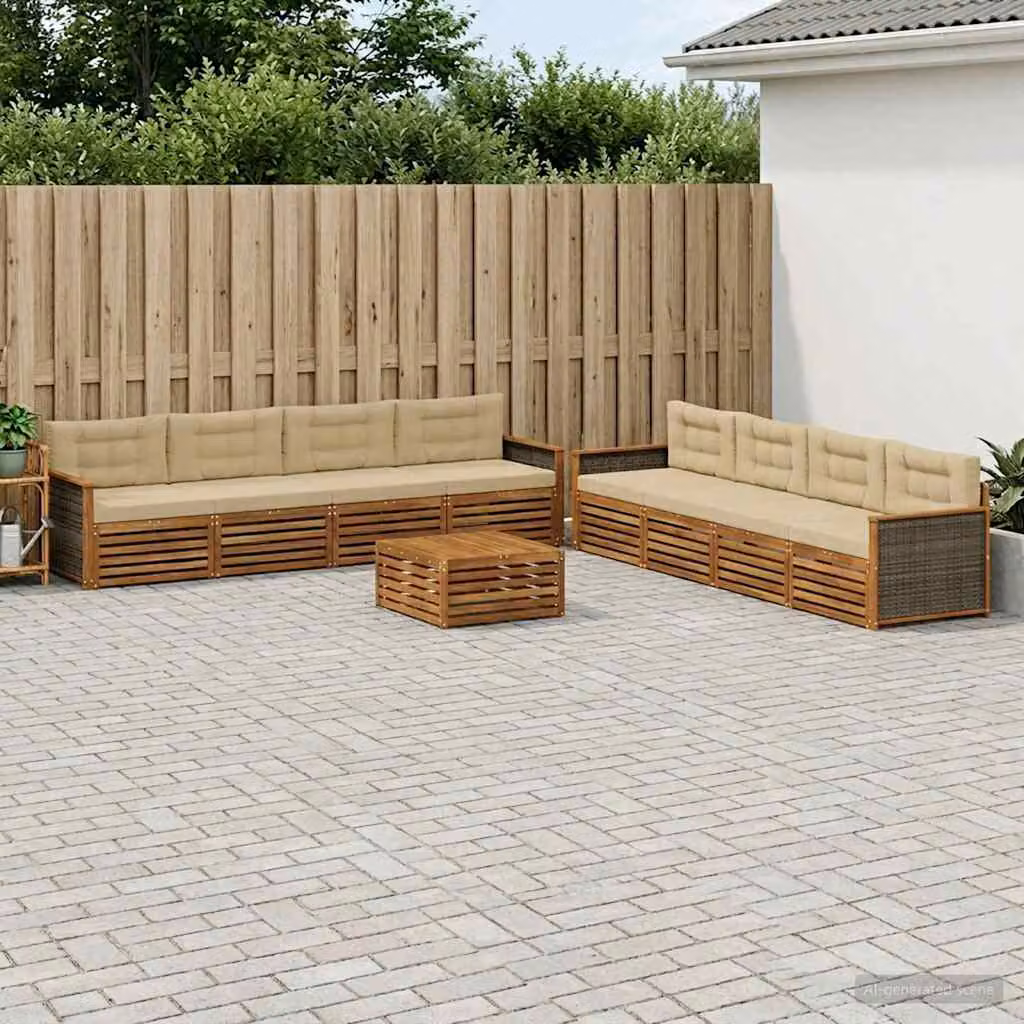 vidaXL Set di divani da esterno a forma di U composto da 9 pezzi in legno di acacia con cuscini, colore beige e marrone