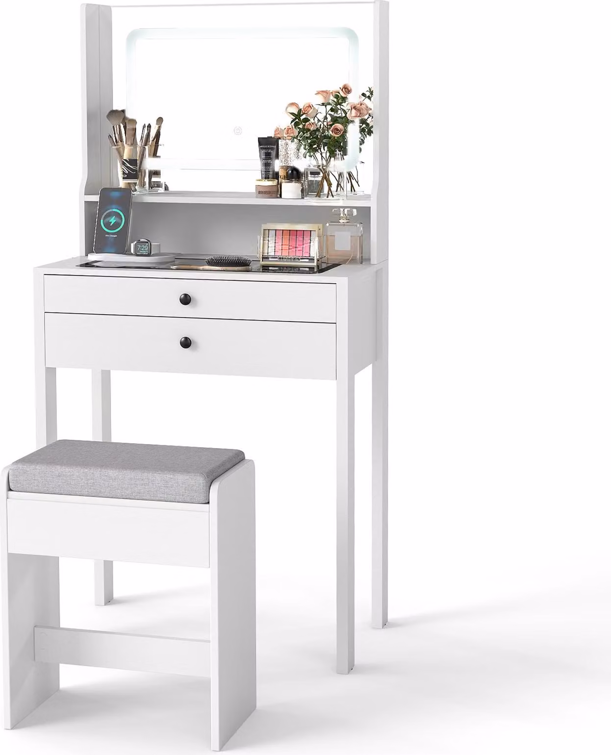 Tavolino da toilette COSTWAY con sgabello imbottito, tavolino da toilette con prese di corrente, 3 specchi a LED colorati, piano in vetro, ripiano aperto e cassetti