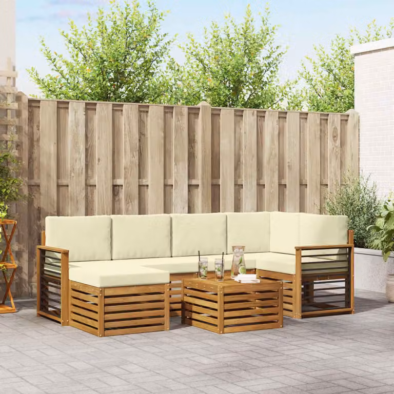 Set di divani da esterno vidaXL 7 pz in legno di acacia con cuscini beige e bianco