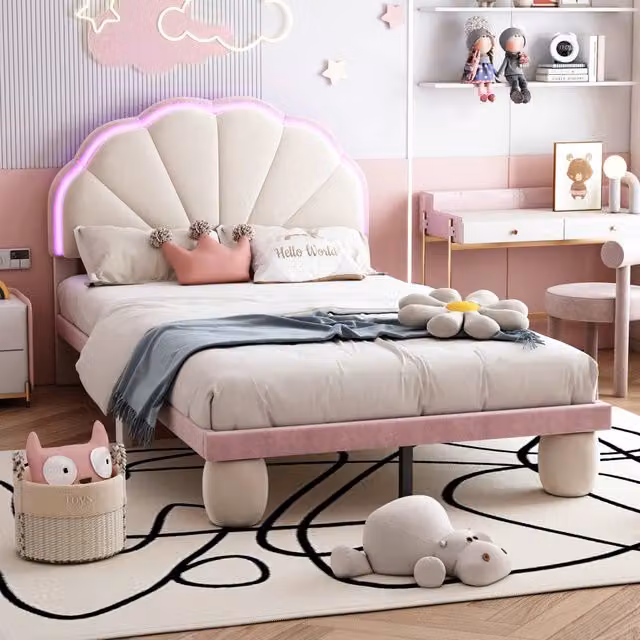 Letto imbottito REDOM in velluto Beige e Rosa con strisce LED multicolore per cameretta, L/P/H: 90 x 200 cm