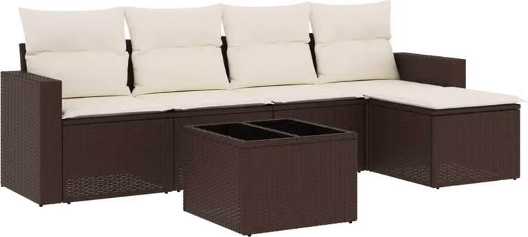 Set Divano da Giardino 6 pz con Cuscini Marrone in Polyrattan