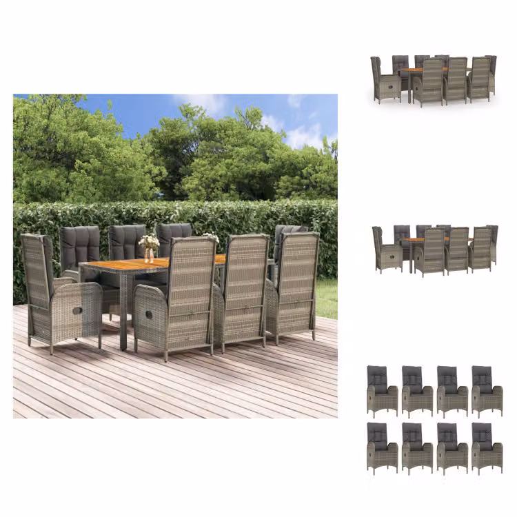 vidaXL set da pranzo da giardino 9 pezzi con cuscini in poly rattan grigio - Set di mobili da giardino