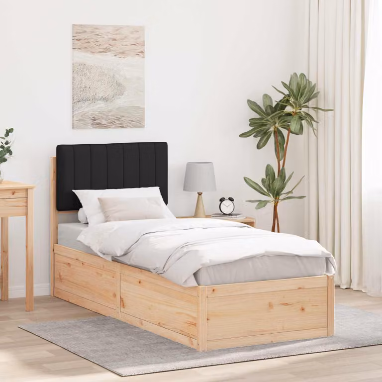Letto moderno vidaXL in pino massello con testiera rivestita in tessuto nero L/P/H: 190 x 80 x 80,5 cm