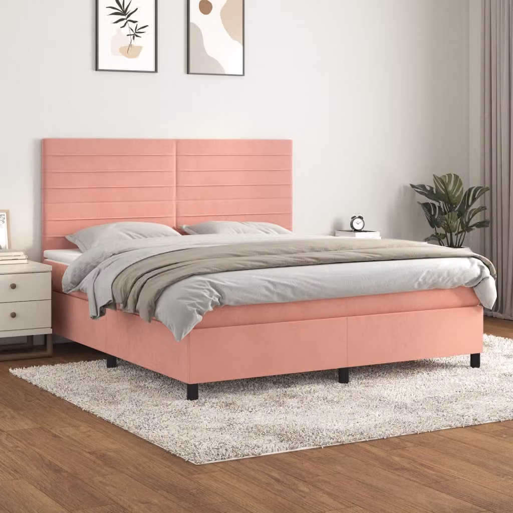 vidaXL Letto Ibrido con Giroletto a Molle e Materasso in Velluto Rosa e Bianco, L/P: 180 x 200 cm