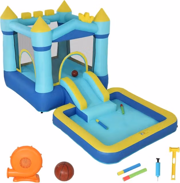 Castello Gonfiabile per Bambini 364 x 173 x 182 cm Scivolo Trampolino Piscina per Palline o Acqua Canestro in Tessuto