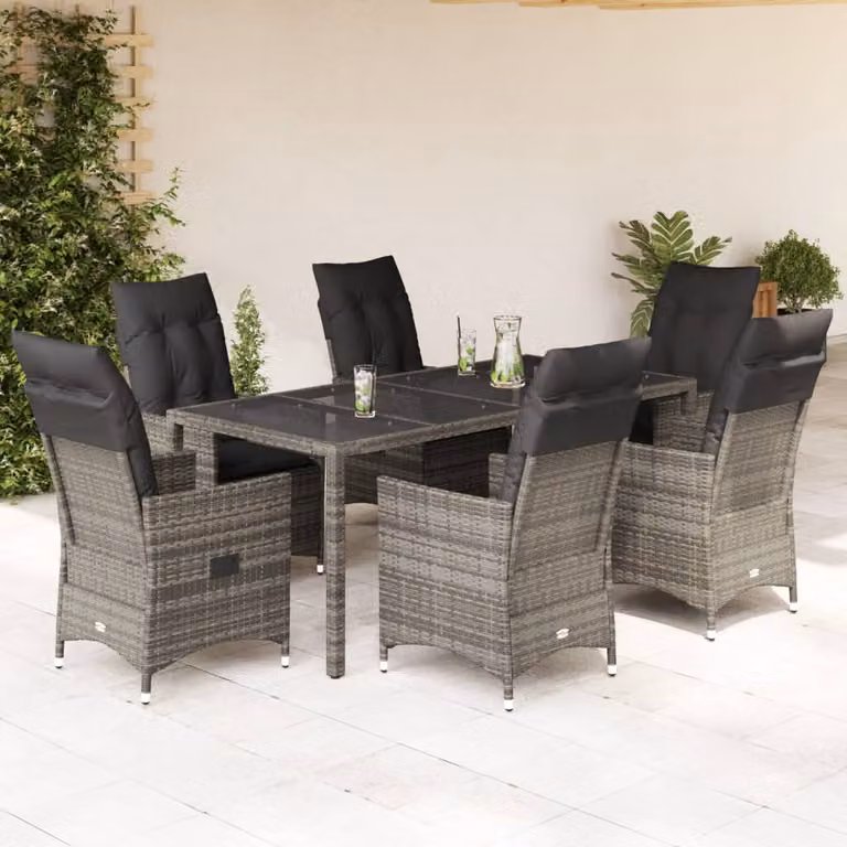 Set da Pranzo da Giardino vidaXL in Polyrattan e Vetro Grigio con 7 Pezzi e Cuscini