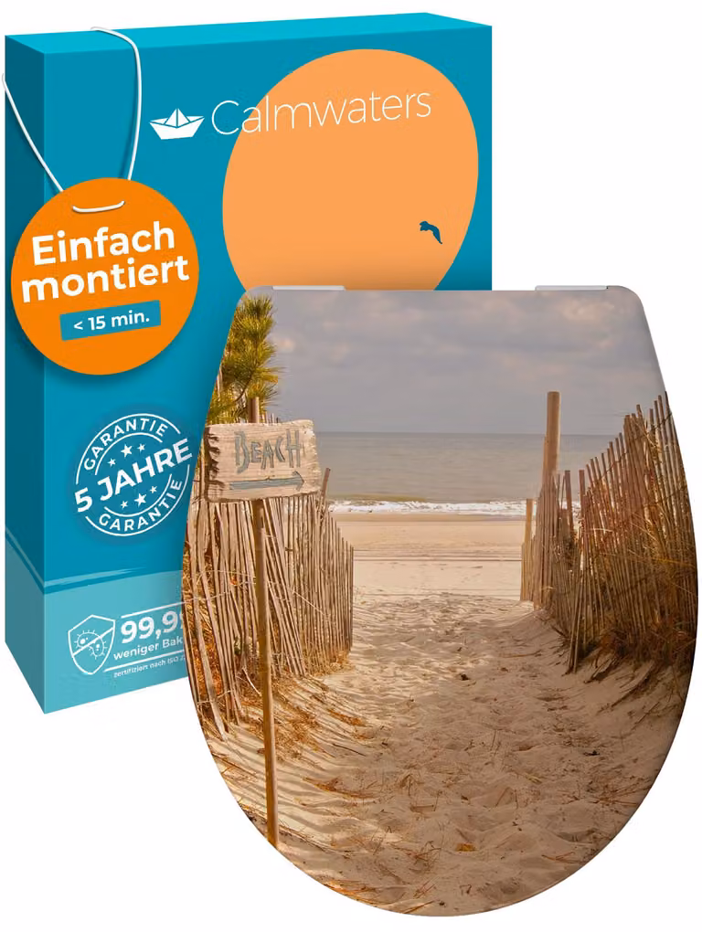 Sedile per WC Calmwaters® con motivo di spiaggia sabbiosa, facile da installare, coperchio per WC fino a 250 kg, EU, duroplastica antibatterica, meccanismo di chiusura morbida, 2 opzioni di installazione, rimovibile, sedile per WC, ovale