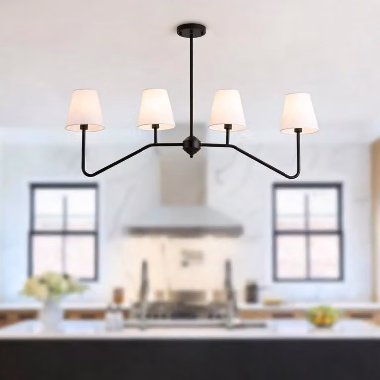 Lampada a sospensione lineare, a 4 luci, nera, con paralumi in tessuto, con altezza regolabile