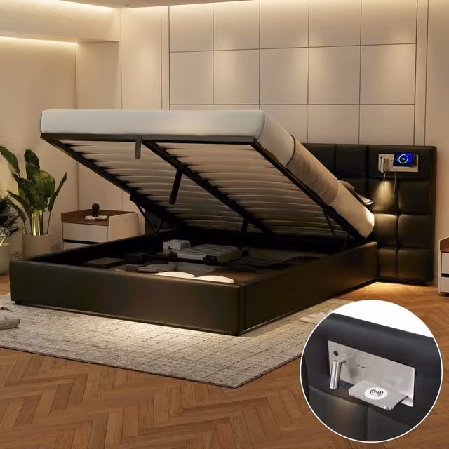 Letto contenitore matrimoniale 180 × 200 cm con USB, ricarica senza fili e luce, senza materasso, in PU nero