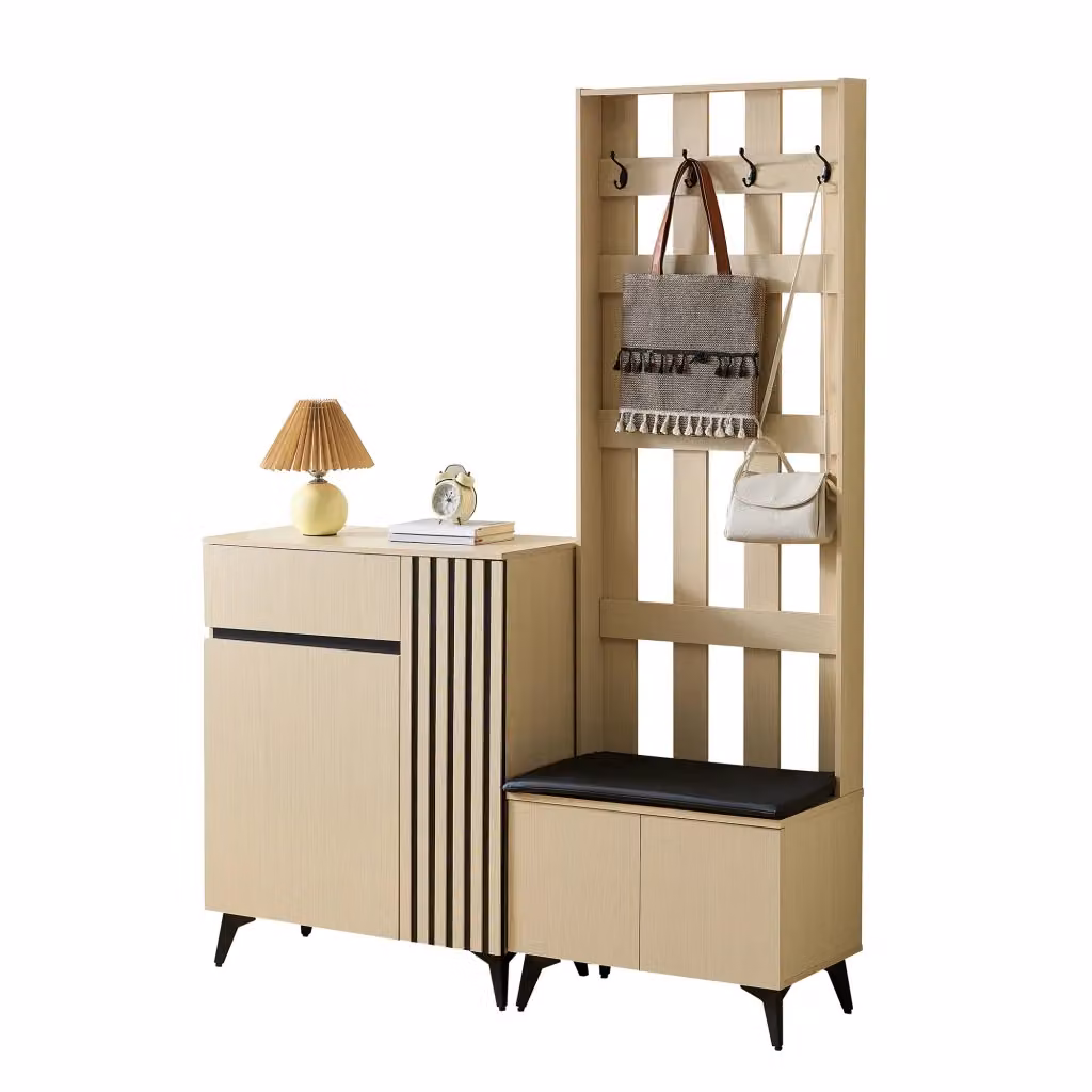 Mobile d'ingresso moderno con panca, scarpiera e ganci, in legno e MDF, disponibile in nero o beige – 2