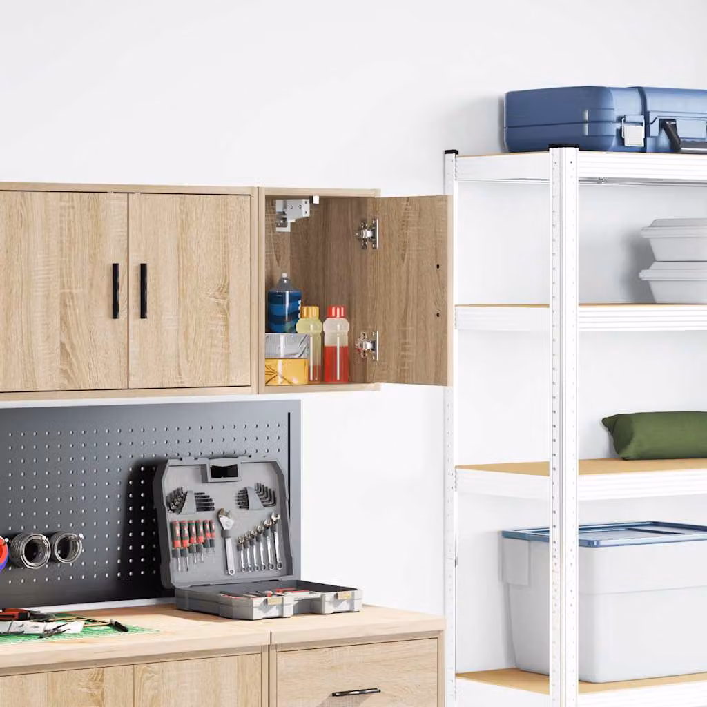Pensile per garage vidaXL in legno multistrato color rovere con ante a battente e ripiani interni, montaggio a parete
