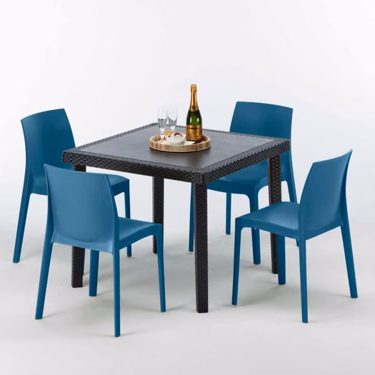 Tavolo quadrato nero e 4 sedie in polipropilene colorato per esterni Grand Soleil Rome Passion - Blu