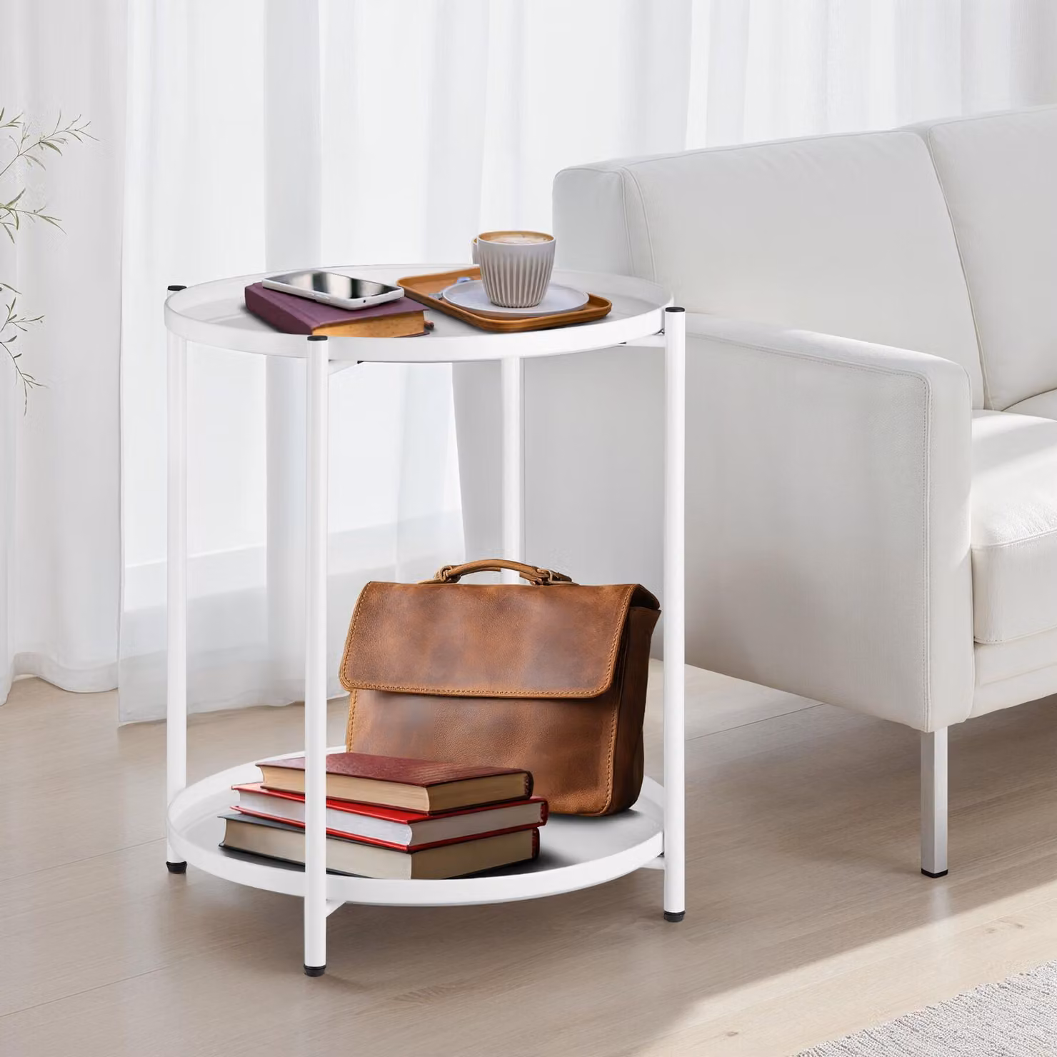 Tavolino Oxford Tectake Bianco con Piano Rotondo e Struttura in Metallo L: 45,5 cm, P: 45,5 cm, H: 53 cm – 2