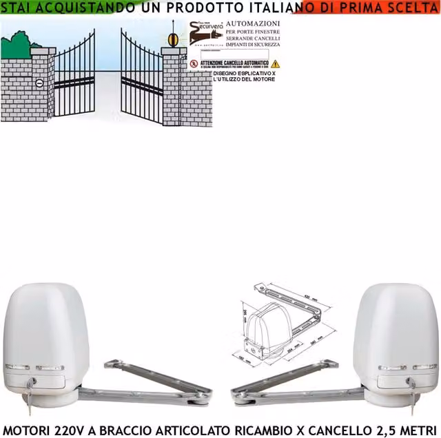 Motori a Braccio Articolato 220 V per Cancello Elettrico 2 Ante da da 0,5 a 2,5 Metri Ricambio Universale 2 Motori Completi Spinta 250 NM Cartello Monitore