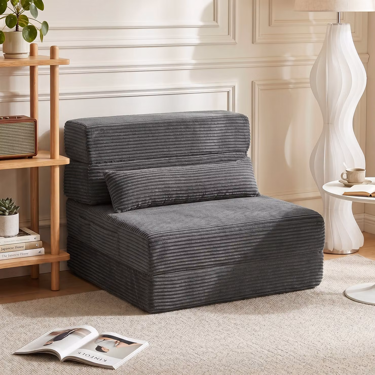 Sedia da pavimento pieghevole HOMCOM in velluto a coste con supporto lombare, grigio antracite – 2