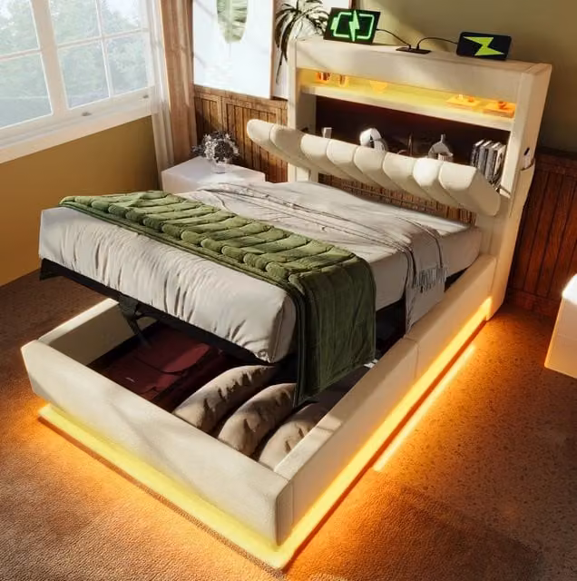 Letto singolo 90x200 cm con contenitore idraulico; LED; porte USB e rivestimento beige