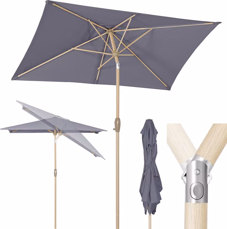 Ombrellone Sekey rettangolare 210 x 140 cm - ombrellone da balcone, ombrellone da mercato, ombrellone da patio con manovella, protezione solare UV50+, effetto legno, grigio chiaro