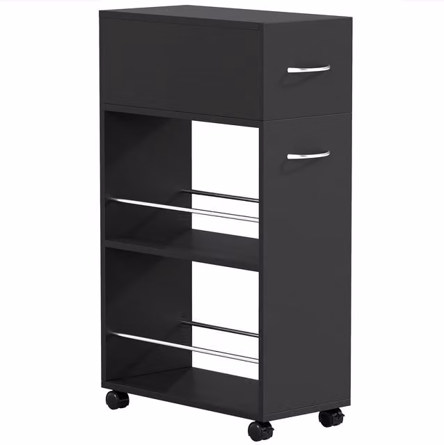 Carrello da cucina HOMCOM con 2 ripiani aperti, cassetto e parapetti, in legno e metallo, Nero, L: 50 cm, P: 25 cm, H: 85 cm