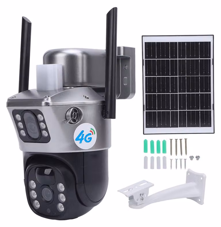 Telecamera di sorveglianza con pannello solare, doppio obiettivo HD, rilevamento di movimento, 4G, IP66, impermeabile, per esterni, per la casa