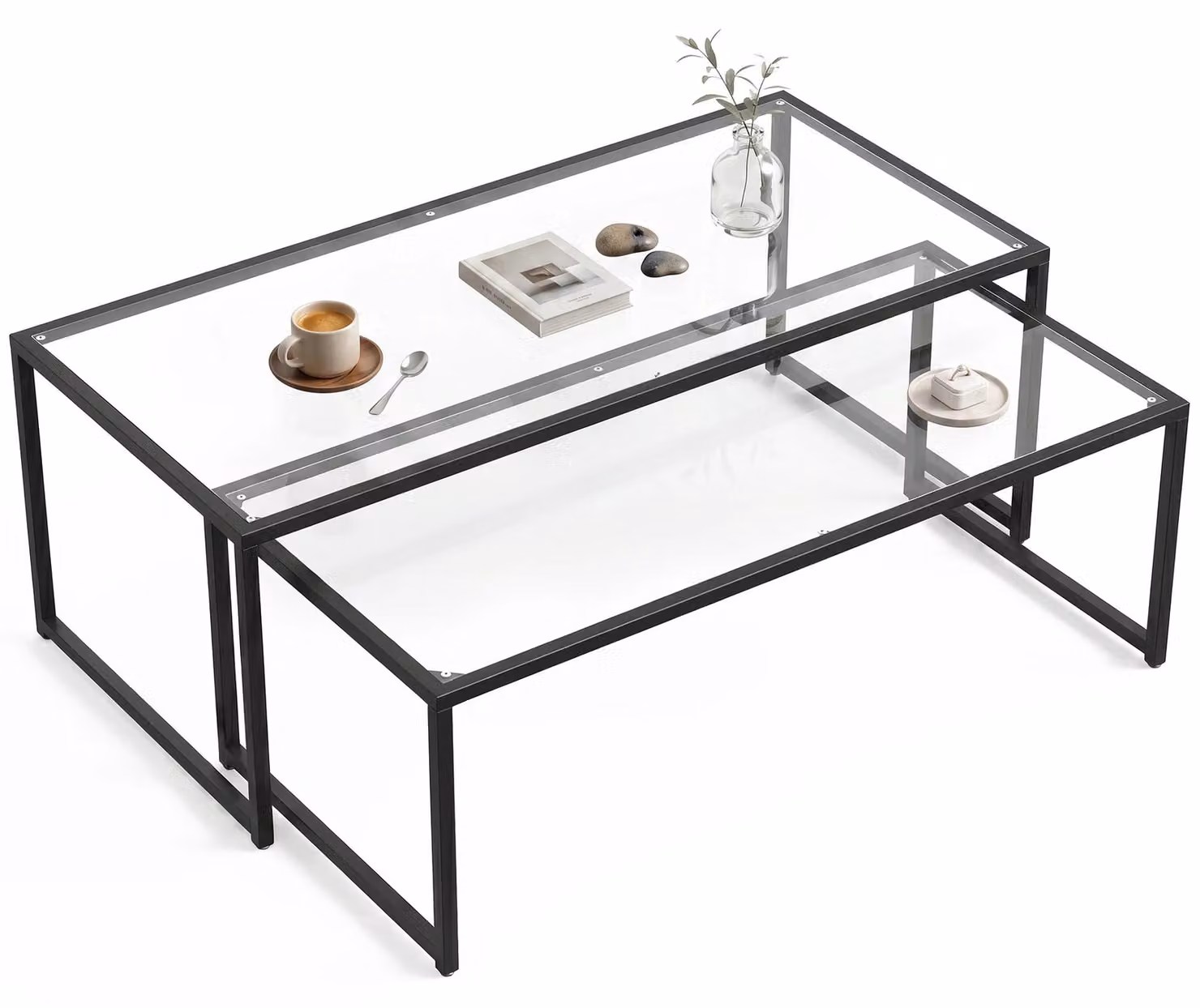 Set di due tavolini da caffè - Tavolini impilabili - Forma rettangolare - Piano in vetro - Struttura in metallo - Colore nero