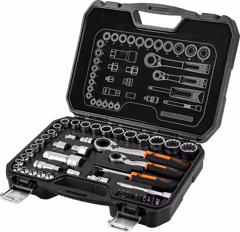 Set di utensili NEO TOOLS con cricchetto aperto - chiavi a bussola, punte, attrezzature 1/4" e 3/8" 46 pezzi - meccanismo a cricchetto con 72 cricchetti | acciaio CrV