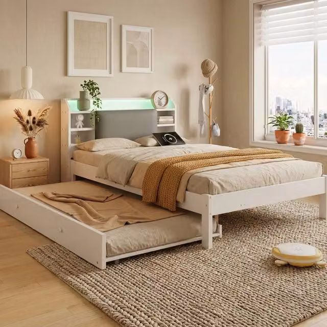 Letto estraibile 120 × 200 cm e 90 × 190 cm con testiera imbottita, LED e ripiani, senza materasso, bianco