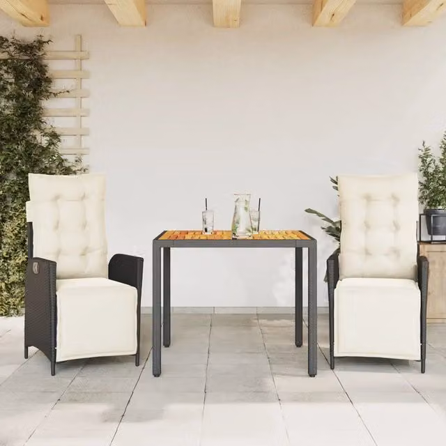 Set da Pranzo da Giardino 3 pz con Cuscini Nero in Polyrattan 3213332