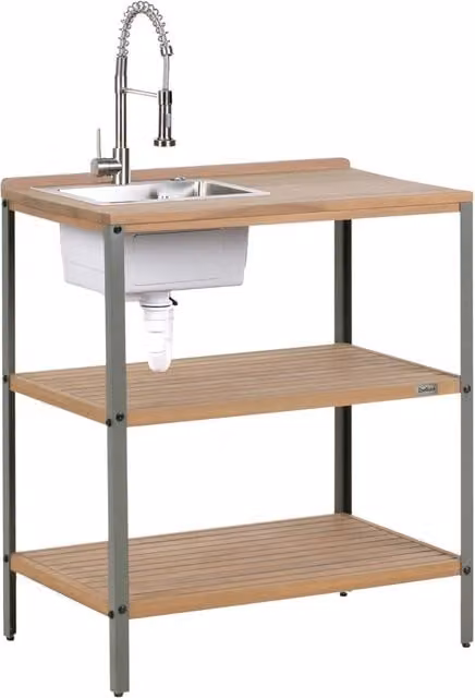 Isola da esterno marrone con lavello in legno d'acacia 2 ripiani con top 50 x 80 x 92 cm Cucina da giardino