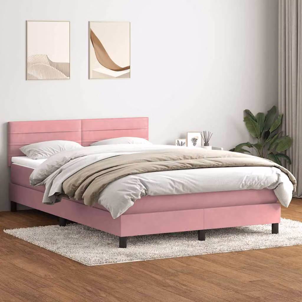 vidaXL Giroletto a Molle con Materasso Ibrido in Velluto Rosa e Bianco L: 144 cm, P: 223 cm, H: 88 cm