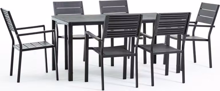 Set da giardino con tavolo rettangolare 180×90 cm in acciaio e polietilene effetto legno e 6 sedie impilabili – design moderno, robusto e armonioso per terrazza, giardino e veranda – THOMAS + ADELE – antracite