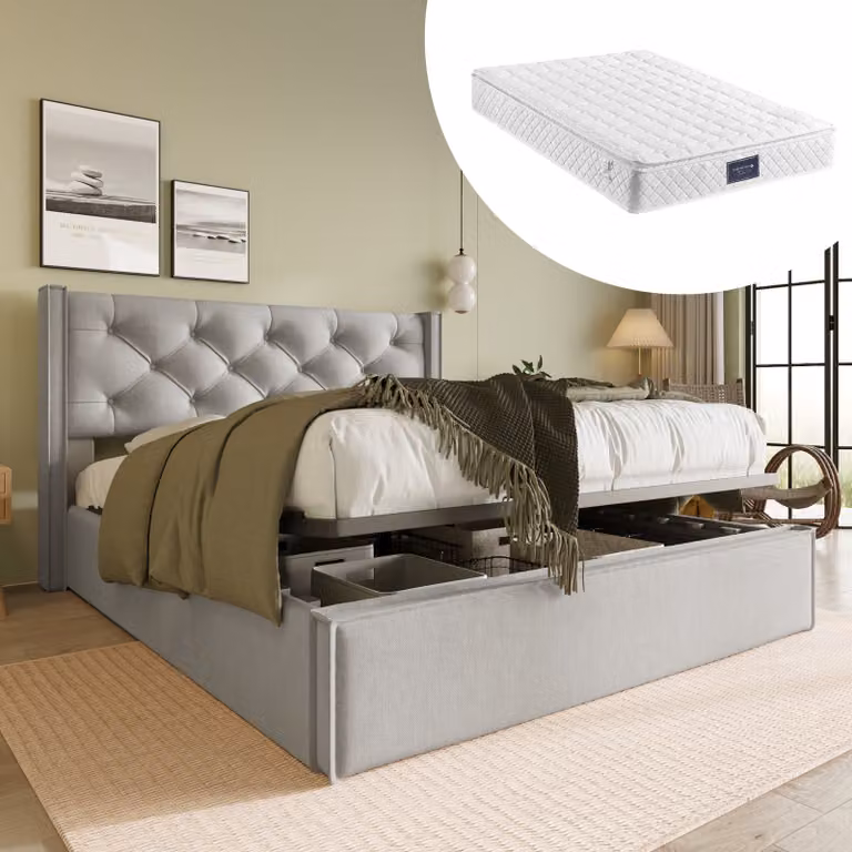 Letto Merax a molle idrauliche 140x200cm letto imbottito con rete e contenitore, rete a doghe in metallo, letto matrimoniale a forma di orecchio letto funzionale letto contenitore in cotone, grigio chiaro