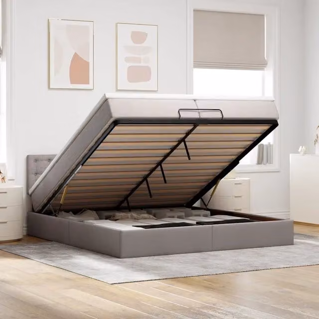 Letto con contenitore a sollevamento vidaXL in tessuto beige e grigio con porta USB e illuminazione sottostante L: 200 cm, P: 200 cm, H: 280 cm