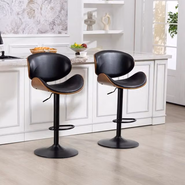 Sgabello da bar girevole MIVRAY con schienale in similpelle nera e struttura in legno e metallo, regolabile in altezza