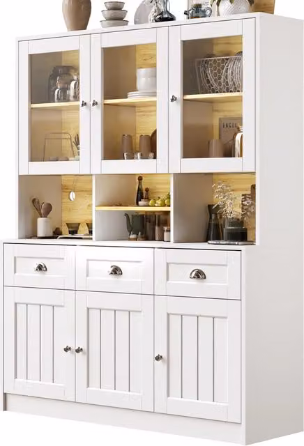 Credenza da cucina alta bianca in MDF con illuminazione LED, 6 ante e 3 cassetti, L/P/H: 140 x 40 x 175 cm