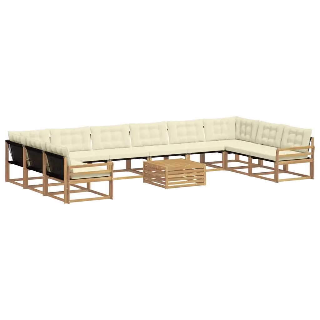 Set di divani da esterno a forma di U vidaXL in legno di acacia con tavolino da caffè e cuscini, Bianco e Beige – 2