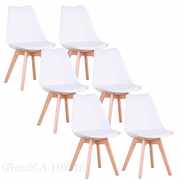 Set di 6 sedie da pranzo - Sedia da cucina in stile scandinavo - Design moderno e minimalista - Seduta in plastica - Gambe in legno di faggio - Adatta per cucina, sala da pranzo, ristorante - Colore: bianco